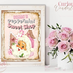 Shabby Chic Christmas Sweet Shop Sign - Digital Instant Download - Pink Christmas - Gingerbread Sign - Santa Sign