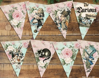 Shabby Chic Alice in Wonderland Banners Printable Party Bunting INSTANT DOWNLOAD Digital Collage Sheet Craft Papercraft