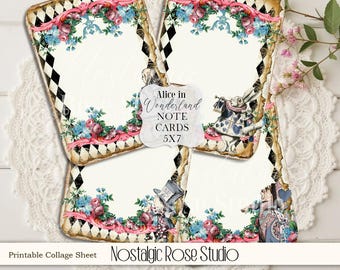 Alice in Wonderland Blank Note Cards, Printable Cards, Junk Journal, Wonderland Stationary , Mad Hatter, INSTANT Download