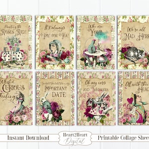 Alice in Wonderland Quotes, Wonderland Collage Sheet, Party Printable, Scrapbooking, Papercraft, Instant Download, Digital, Cardmaking