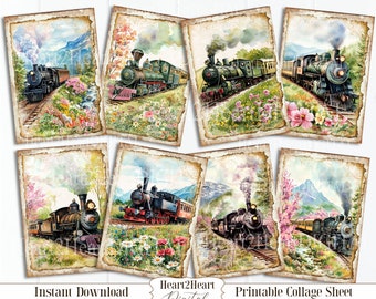 Vintage Spring Trains ATC Ephemera Cards, ACEO Cards, Printable Trains Cards, Journaling Cards , Digital Download, Craft