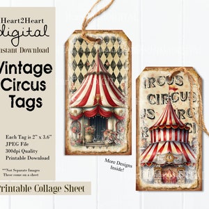 Vintage Circus Tags Junk Journal Digital Collage Sheet Digital Cards Printable Download Digital Image Circus Animals Clowns