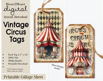 Vintage Circus Tags Junk Journal Feuille de collage numérique Cartes numériques Téléchargement imprimable Image numérique Cirque Animaux Clowns