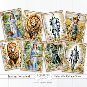 Wizard of Oz Mini Journal Cards, Cardmaking, Junk Journal Printable, Digital Download, Scrapbook Cards, ATC, Gift Tags, Dorothy, Tin Man