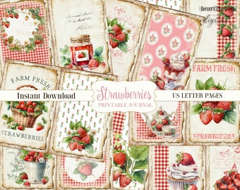 May include: Printable journal pages featuring strawberries, a jar of strawberry jam, a teapot, a cupcake, and a glass of strawberry dessert. The pages are decorated with a red and white gingham pattern and floral designs. The text "Strawberries Printable Journal" and "US Letter Pages" is included.