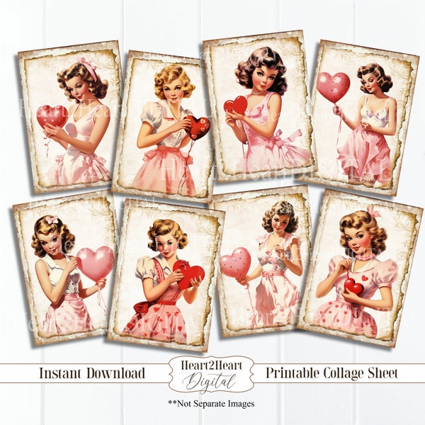 Retro Valentine Pinups Collage Sheet, Tags, Journal Cards, Digital Image, Scrapbook Cards, Printable Download, ACEO, Digital Cards