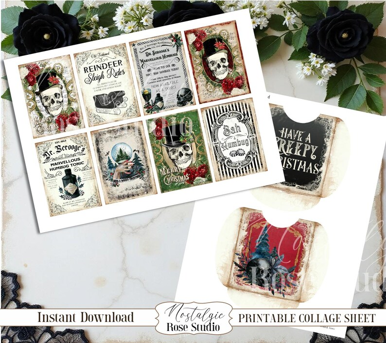 Diario navideño con calavera gótica, imprimible, diario gótico, kit de diario digital, papel para álbum de recortes, descarga digital para manualidades, espeluznante imagen 6