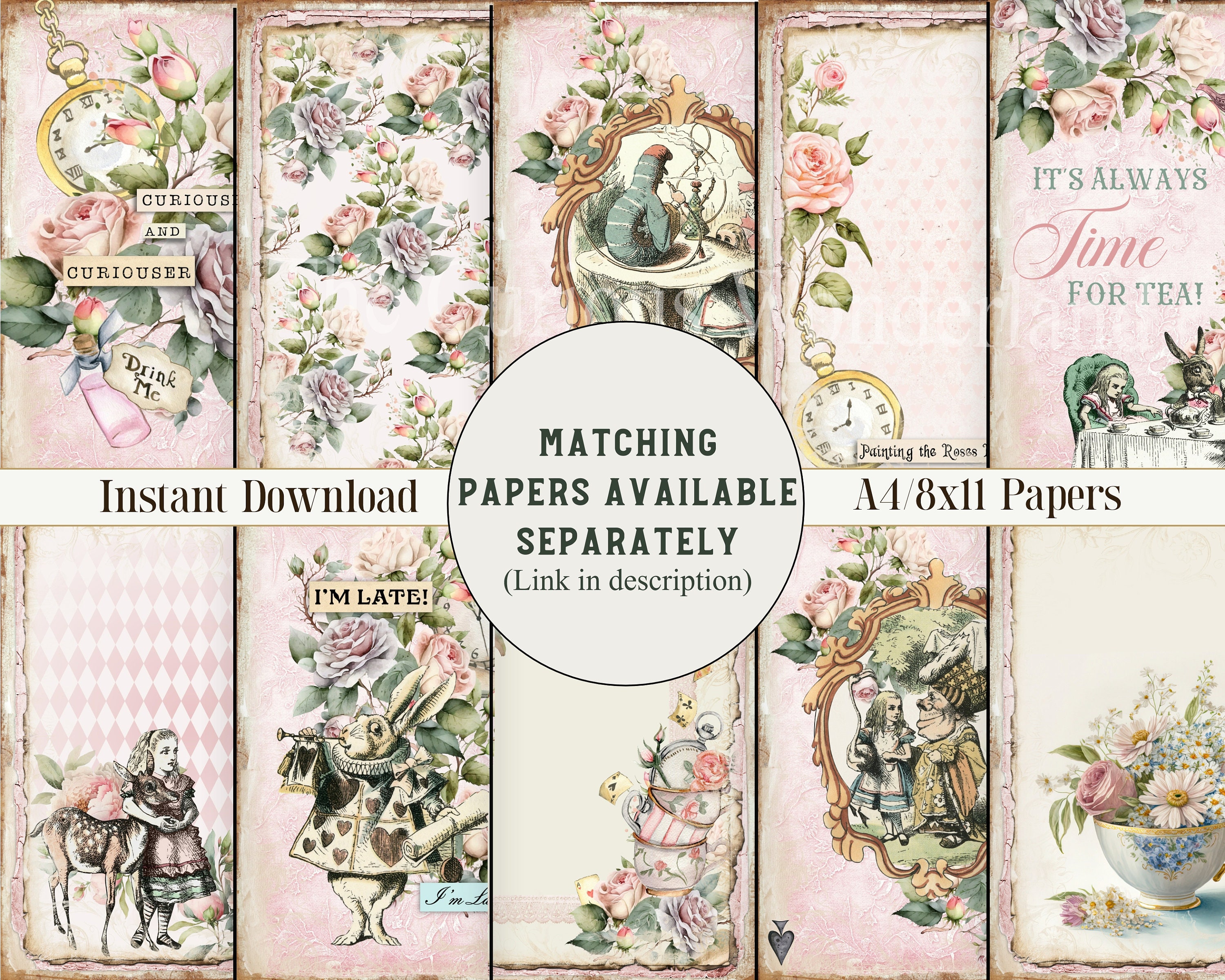 Shabby Chic Floral Alice in Wonderland Junk Journal Pages