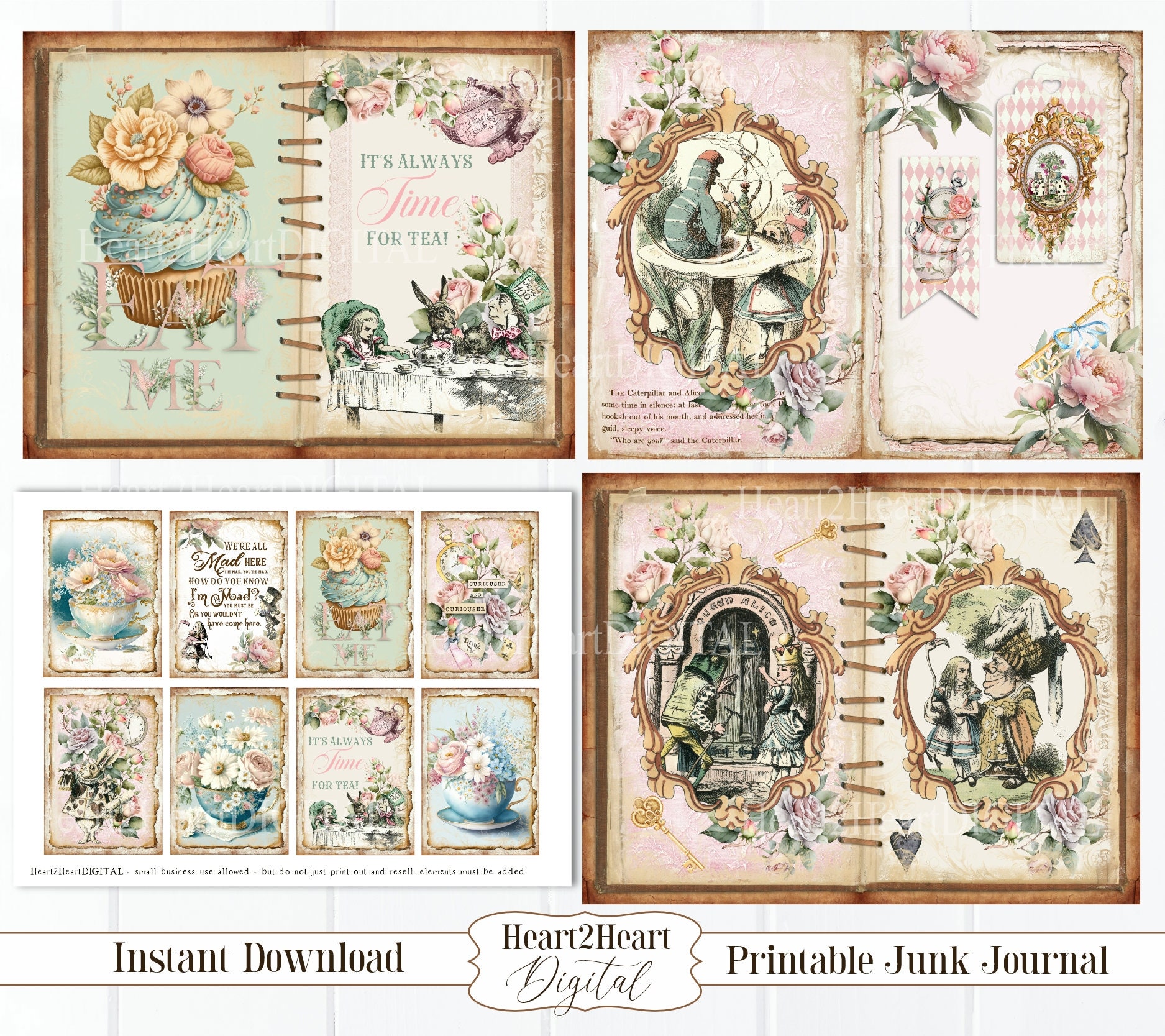 Shabby Chic Floral Alice in Wonderland Junk Journal Pages