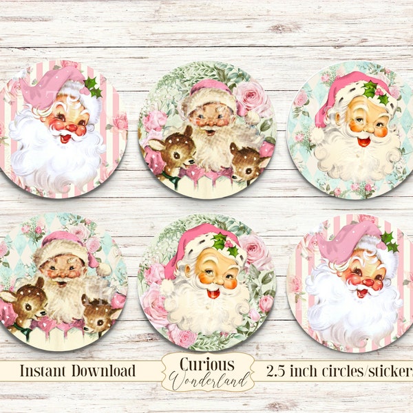 Shabby Chic Pink Santa Circle Tags DIY Gift Labels 2.5 inches Printable Images Bottle Caps Stickers INSTANT DOWNLOAD Collage sheet