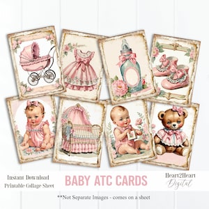 Vintage Baby Girl Ephemera Cards, ATC ACEO Cards, Printable Baby Cards, Baby Collage Sheet, Digital Download, Pink Baby Cards