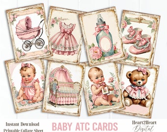 Vintage Baby Girl Ephemera Cards, ATC ACEO Cards, Printable Baby Cards, Baby Collage Sheet, Digital Download, Pink Baby Cards