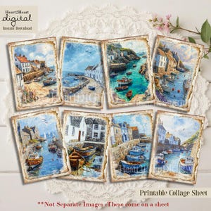 Vintage Cornish Boat Harbor Journal Cards Digital Collage Sheet Digital Cards Printable Download ATC  Tags Digital Image