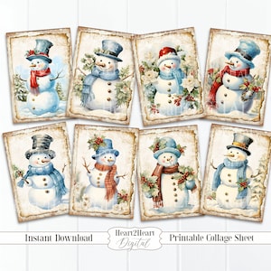 Blue Christmas Snowman Collage Sheet, Tags, Journal Cards, Digital Image, Scrapbook Cards, Printable Download, ACEO, Digital Cards