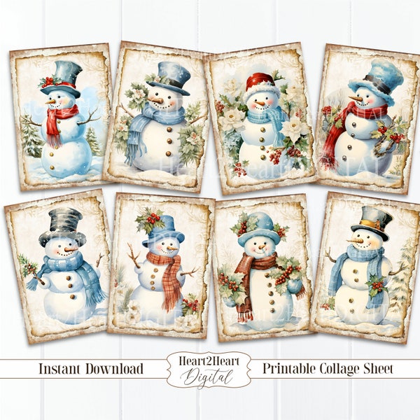 Blue Christmas Snowman Collage Sheet, Tags, Journal Cards, Digital Image, Scrapbook Cards, Printable Download, ACEO, Digital Cards