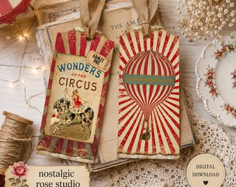Étiquettes de marque-page de cirque vintage, éphémères imprimables de journal indésirable (