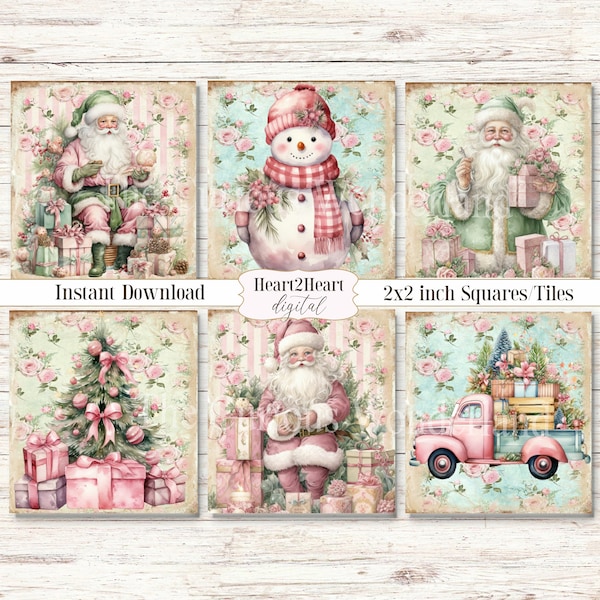 Shabby Chic Pink Christmas 2" Squares, Digital Collage Sheet, Printable Labels, Christmas Tags,  Digital Images, Scrapbooking, Craft, 2x2