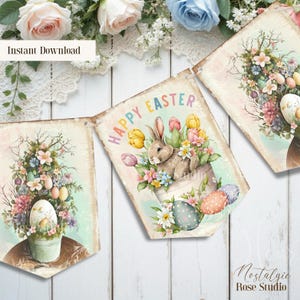 Può includere: Una ghirlanda pasquale vintage con colori pastello e motivi floreali. La ghirlanda presenta un coniglietto e la scritta "Happy Easter". Il design ha un aspetto invecchiato e usurato, che gli conferisce un tocco classico e nostalgico.