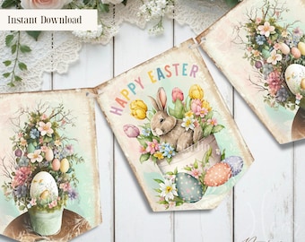 Shabby Chic Easter Bunny  Banner Printable Flags, Vintage Happy Easter Garland 5x7 Digital Bunting for Spring Party Decor