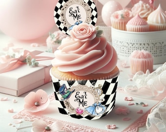 Alice in Wonderland Cupcake Wrappers, Printable Cake Wraps, Wonderland Party Decorations, INSTANT DOWNLOAD, Alice Wrappers, Onederland