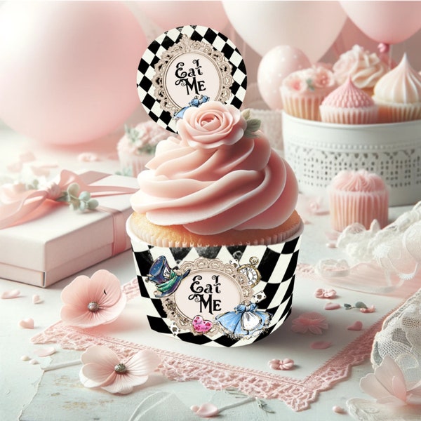 Alice in Wonderland Cupcake Wrappers, Printable Cake Wraps, Wonderland Party Decorations, INSTANT DOWNLOAD, Alice Wrappers, Onederland