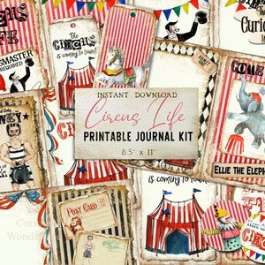 Circus Junk Journal Pages, Kit  Printable, Digital Journal Kit, Tattered Scrapbook Paper Digital Download Circus Animals Craft Stickers Tags