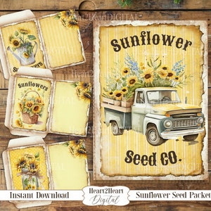 Printable Sunflower Seed Packets, Sunflowers, Sunflower Junk Journal, Summer Journal , INSTANT DOWNLOAD, Ephemera Scrapbook, Collage Sheet