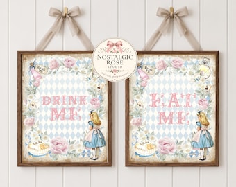 Two Alice in Wonderland Party Signs |Drink Me Sign & Eat Me Sign | Tea Party, INSTANT DOWNLOAD Printable Sign Onederland Birthday
