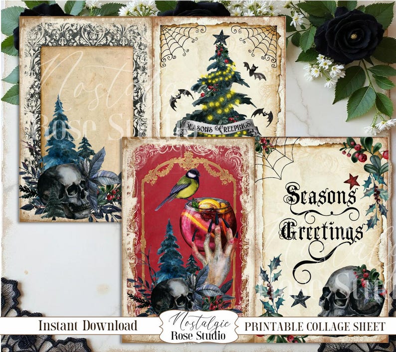 Diario navideño con calavera gótica, imprimible, diario gótico, kit de diario digital, papel para álbum de recortes, descarga digital para manualidades, espeluznante imagen 7