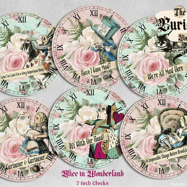 Shabby Chic Alice in Wonderland Quote Clocks - Printable Clocks, Digital Download, INSTANT DOWNLOAD Collage sheet , Mad Hatter Tea Party