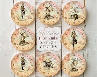 Alice in Wonderland Clocks, 2.5 inches, Printable Clocks, Digital Download, INSTANT DOWNLOAD Collage sheet , Mad Hatter Tea Party