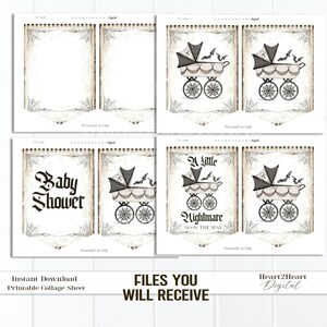 Peut inclure: Une feuille de collage imprimable sur le th&egrave;me d'une baby shower d'Halloween. Le design comprend une poussette vintage avec des chauves-souris, des toiles d'araign&eacute;es et les phrases "Baby Shower" et "A Little Nightmare is on the Way."