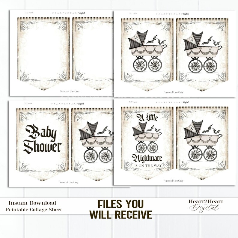 Peut inclure: Une feuille de collage imprimable sur le th&egrave;me d'une baby shower d'Halloween. Le design comprend une poussette vintage avec des chauves-souris, des toiles d'araign&eacute;es et les phrases "Baby Shower" et "A Little Nightmare is on the Way."