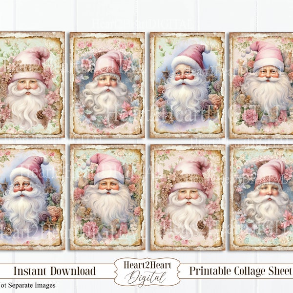 Shabby Chic Pink Santa Christmas Collage Sheet, Tags, Journal Cards, Digital Image, Scrapbook Cards, Printable Download, ACEO,