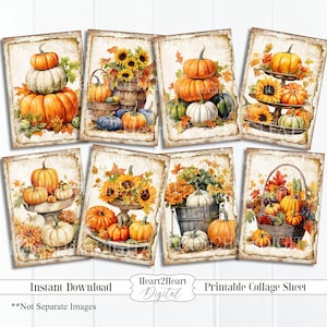 Autumn Pumpkins & Sunflowers ATC Collage Sheet, Fall Flowers Journal Cards, Digital Image, Scrapbook Cards, Fall ACEO, Digital Cards