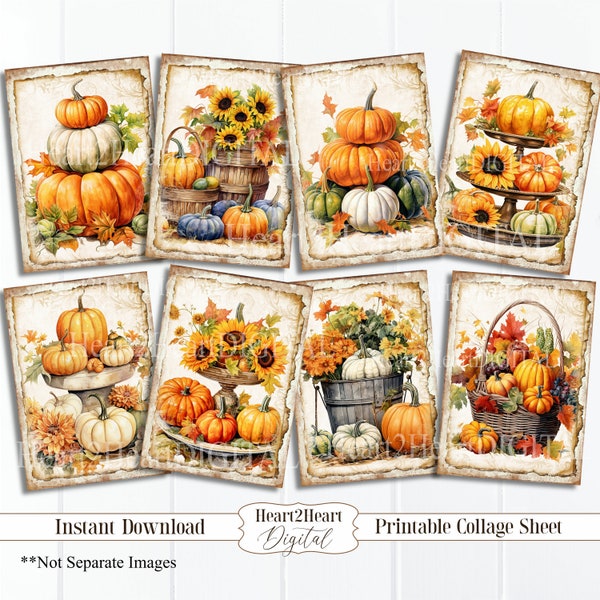 Autumn Pumpkins & Sunflowers ATC Collage Sheet, Fall Flowers Journal Cards, Digital Image, Scrapbook Cards, Fall ACEO, Digital Cards