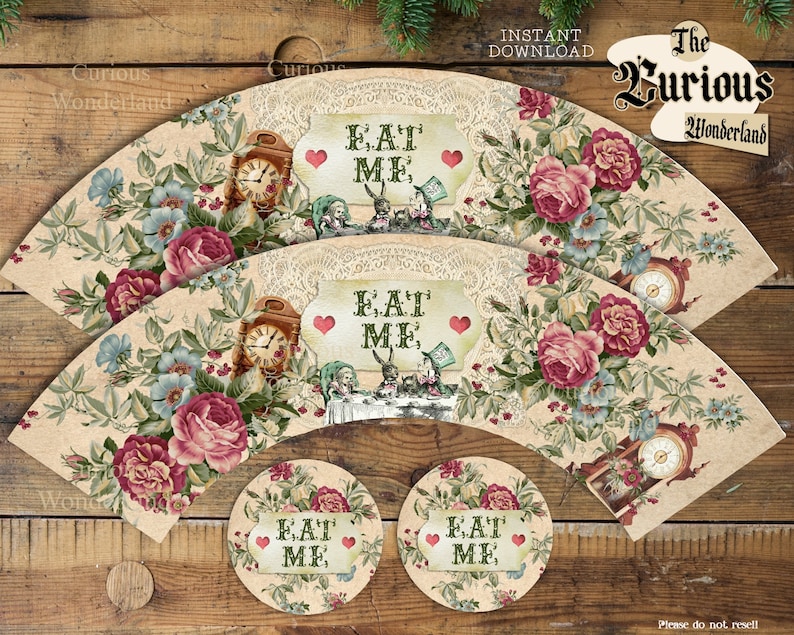 Floral Alice in Wonderland Cupcake Wrappers Printable Cake Wraps Wonderland Party Decorations INSTANT DOWNLOAD Alice Wrappers
