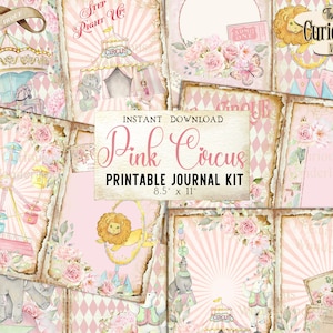 Vintage Pink Shabby Chic Circus Junk Journal Pages, Printable, Digital Journal Kit, Tattered Scrapbook Paper, Digital Download Animals Craft