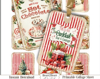 May include: Printable collage sheet with a Christmas theme. The sheet includes images of hot chocolate, cocktails, cookies, a snowman, and Santa Claus. The images are in a vintage style with red and white stripes.