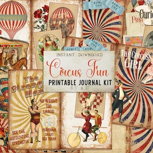 Vintage Circus Fun Junk Journal Pages, Printable, Digital Journal Kit Scrapbook Paper, Digital Download Circus Animals Craft Elephants
