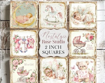 Shabby Chic Vintage Baby Girl 2 Inch Squares Printable Collage Sheet Digital Download Baby Ephemera Tags for Scrapbooking Crafts Journals