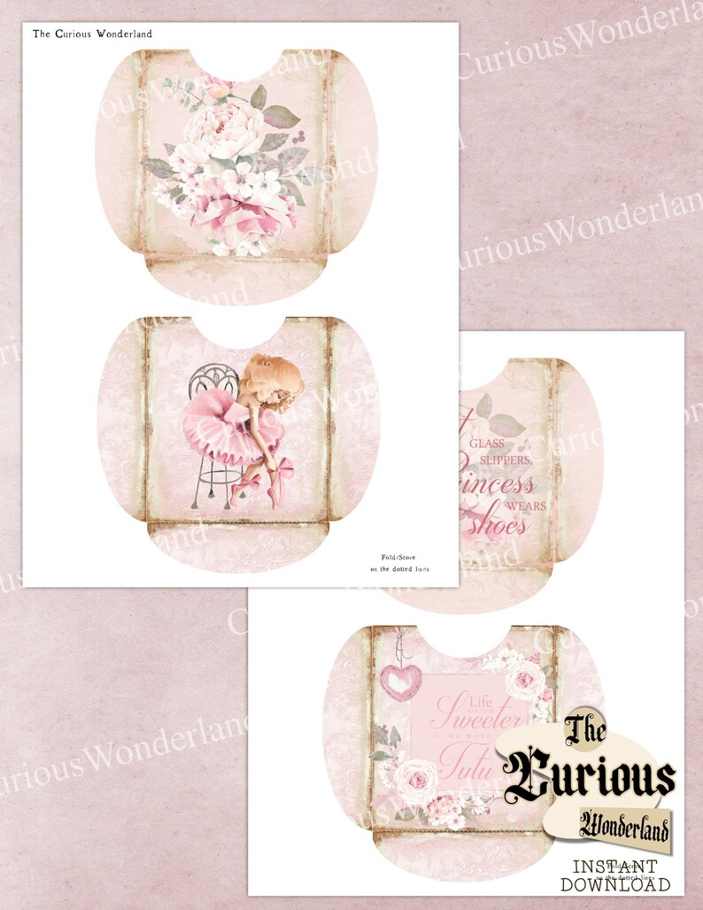 May include: A collection of printable paper crafts in a vintage style, featuring a pink and beige colour palette. Designs include floral arrangements, a ballerina, and the text "Life is Sweeter in a Tutu". The Curious Wonderland logo is also visible.