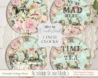 Shabby Chic Alice in Wonderland Large Clocks - Printable Clocks, Digital Download, INSTANT DOWNLOAD Collage sheet , Mad Hatter Tea Party