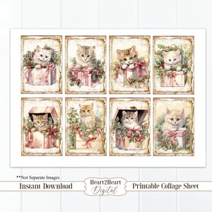 Pu&ograve; includere: Foglio di collage stampabile con otto immagini di gattini che spuntano da scatole regalo di Natale decorate con fiocchi rossi e agrifoglio. Lo sfondo &egrave; una carta in stile vintage usurata.