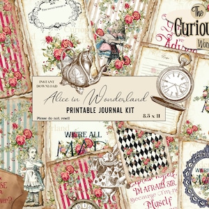 Alice in Wonderland Junk Journal, Printable, Digital Journal Kit, Tattered Scrapbook Paper, Vintage Paper, Digital Download Wonderland Craft