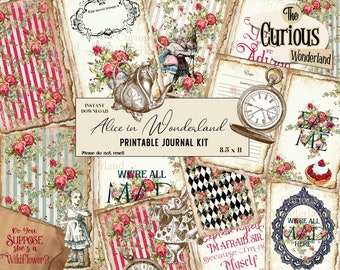Alice in Wonderland Junk Journal, Printable, Digital Journal Kit, Tattered Scrapbook Paper, Vintage Paper, Digital Download Wonderland Craft