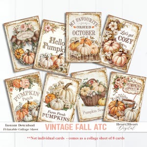 May include: A collage sheet of eight vintage-style cards with a fall theme. Each card features pumpkins, flowers, and text like "Pumpkin Spice Season" and "My Favourite Colour is October." The cards have a distressed, aged look.