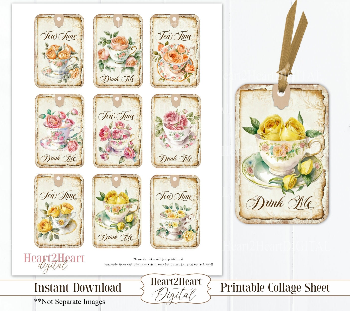 Shabby Chic Tea Cup Hang Tags Collage Sheet ATC Journal Cards Digital ...