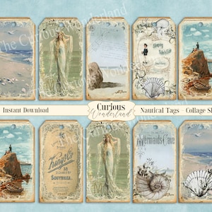 Vintage Nautical Beach Tags Junk Journal Scrapbook Collage Sheet Hang Tags DIGITAL DOWNLOAD Coastal