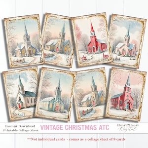Vintage Christmas Church Collage Sheet, Tags, Journal Cards, Digital Image, Scrapbook Cards, Printable Download, ACEO, Digital Cards